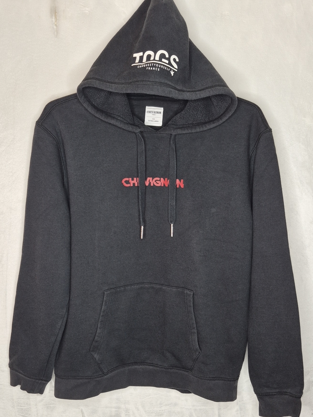 Chevignon Togs Raised Puff Print Hooded Sweatshirt Gray Red XL